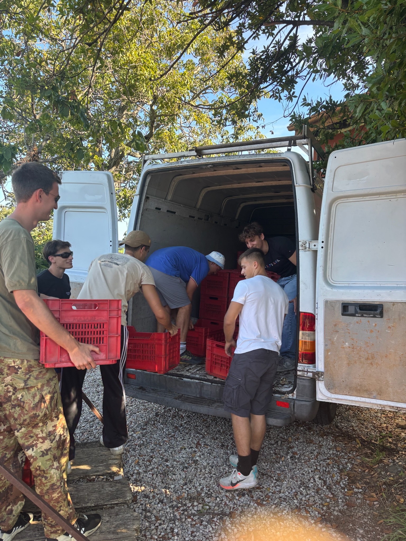 Vendemmia 2020 Astreo, ex-allievi con cassette di uva